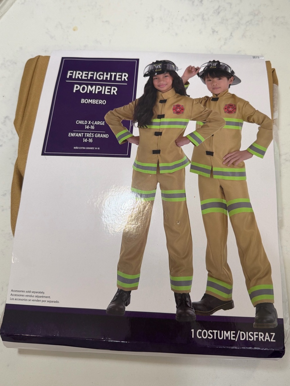 Children's Tan Firefighter Halloween Costume with Lime Reflective Trim - Picture 3 of 10